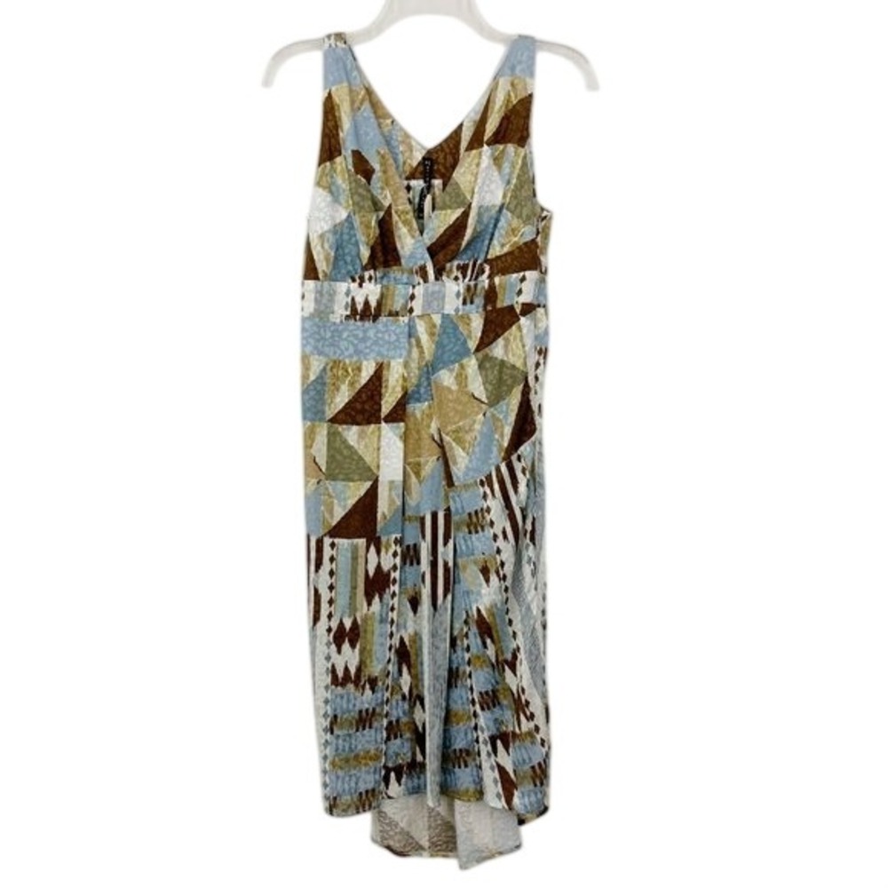NWT Manila Grace Crossed Neck Dress Size 40‎ US 6 Blue Brown Sleeveless Hi-low